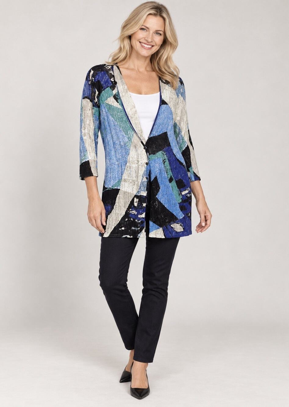 NWT ZOZO Cardigan Sweater S Hand Printed Artsy Lagenlook Boho Linen Blend Blue